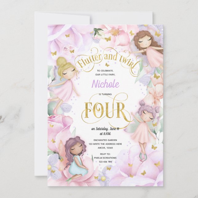 Enchanted garden fairy, girl 4th birthday invitati invitation (Front)