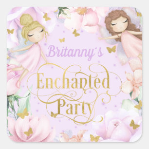 Enchanted garden fairy themed birthday square stic sticker