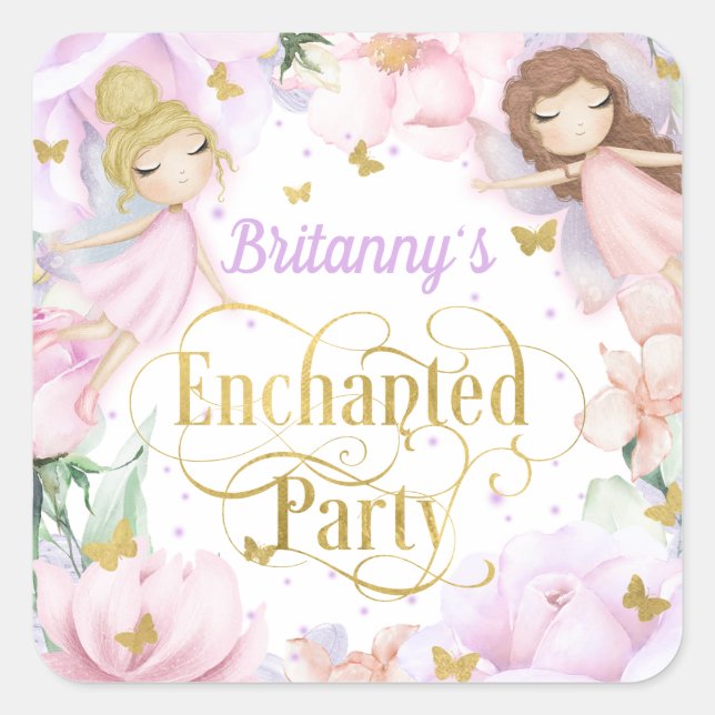 Enchanted garden fairy themed birthday square sticker (Front)