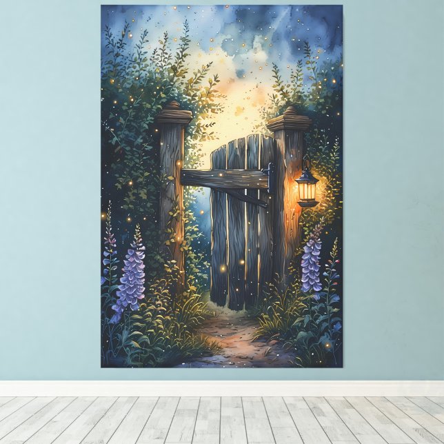 Enchanted Garden Gate Under Firefly Sky Canvas Print (Insitu(Wood Floor))