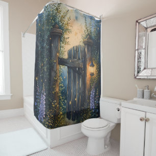 Enchanted Garden Gate Under Firefly Sky Shower Curtain
