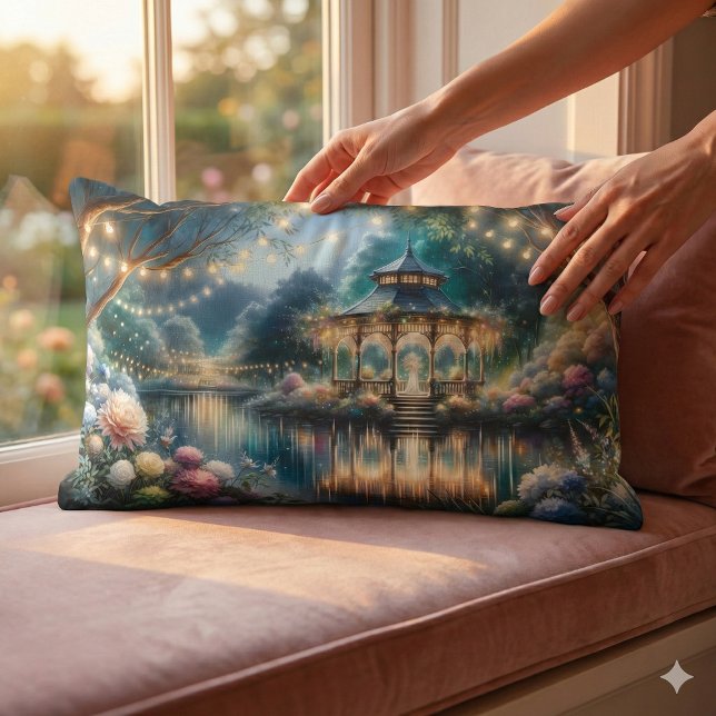 Enchanted Garden Gazebo Twilight Reflection Lumbar Cushion (Enchanted Garden Gazebo Twilight Reflection Lumbar Pillow Mockup A)