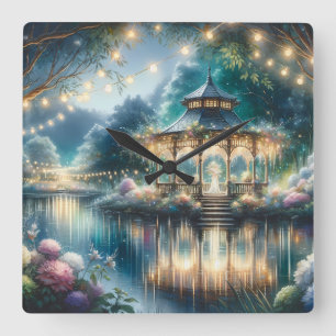 Enchanted Garden Gazebo Twilight Reflection Square Wall Clock