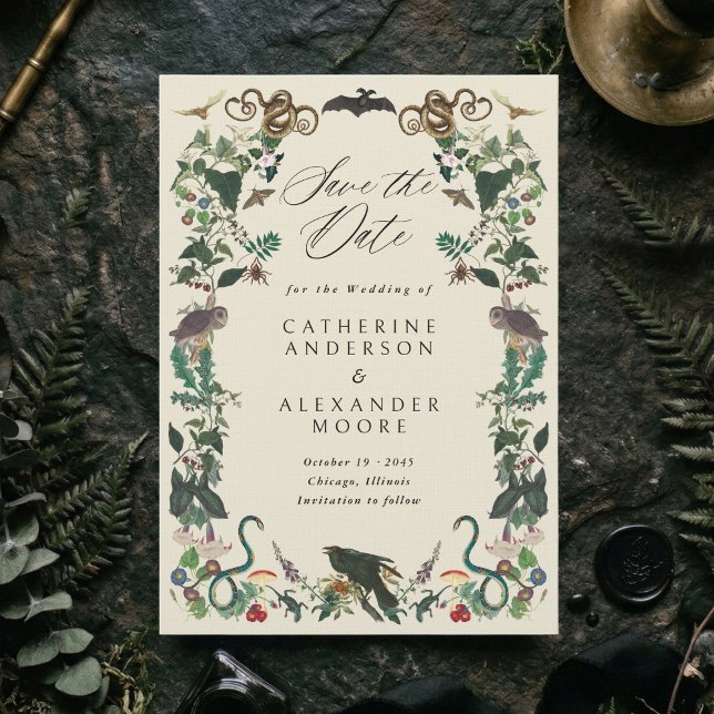 Enchanted Garden Gothic Botanical Wedding Save The Date (Dark romantic subtle gothic wedding save the date card with vintage plants and animals frame)