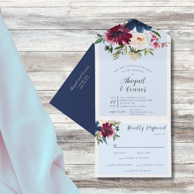 Enchanted Garden Light Blue Burgundy Navy All In One Invitation (Creator Uploaded)