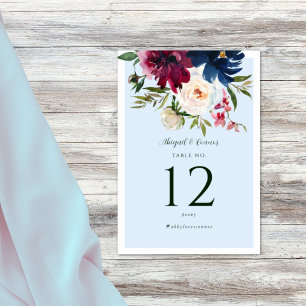 Enchanted Garden Light Blue Burgundy Navy Table Number