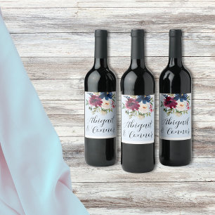 Enchanted Garden Light Blue Burgundy Navy Wine Label