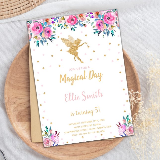 Enchanted Garden Party Card for Girls (Pink Floral Fairy Birthday Invitations)