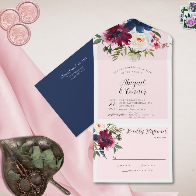 Enchanted Garden Pink Blush Burgundy Navy All In One Invitation (Creator Uploaded)