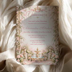 Enchanted Garden Quinceañera Pink Gold Invitation