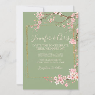 Enchanted Garden Sage Green & Pink Cherry Blossom Invitation