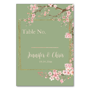 Enchanted Garden Sage Green & Pink Cherry Blossom Table Number