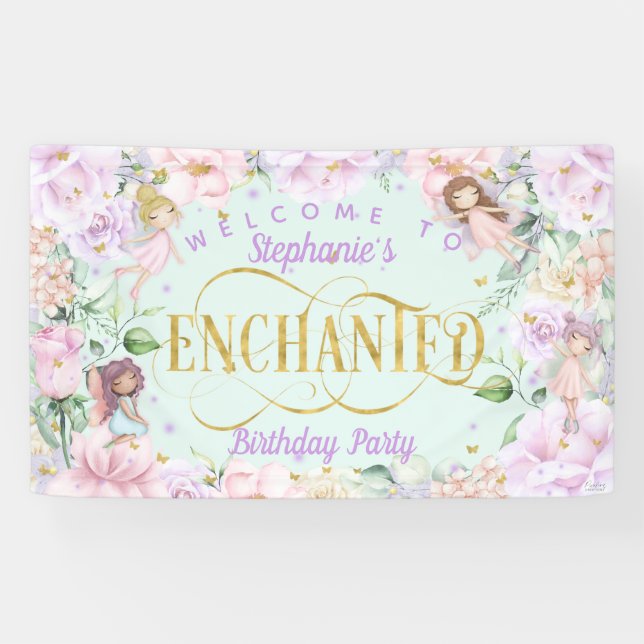 Enchanted garden watercolor floral fairy themed  banner (Horizontal)