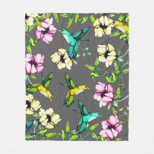 Enchanted Garden Watercolor Hummingbirds & Flowers Fleece Blanket