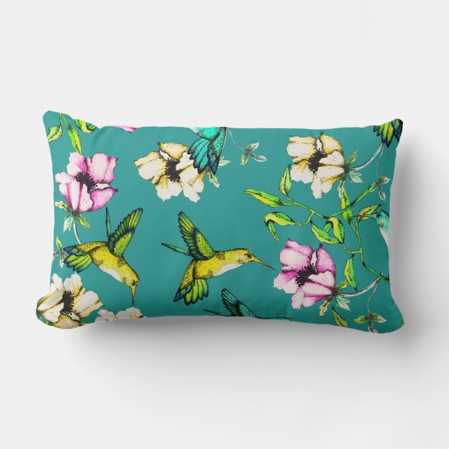 Enchanted Garden Watercolor Hummingbirds & Flowers Lumbar Cushion (Front)