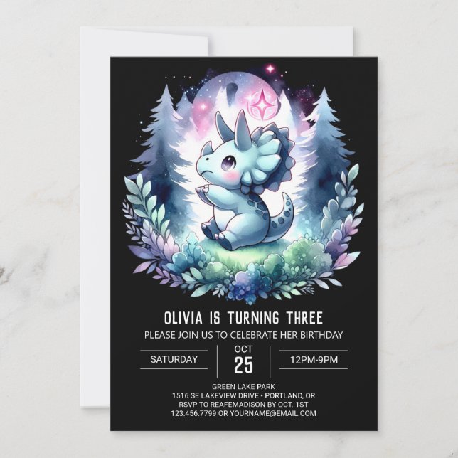 Enchanted Girly Triceratops Birthday Invitation (Front)