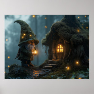 Enchanted Gnome Cottage in the Moonlight: Fantasy  Poster