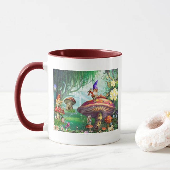 Enchanted Gnome Mushrooms Flower Gardens Mug (With Donut)