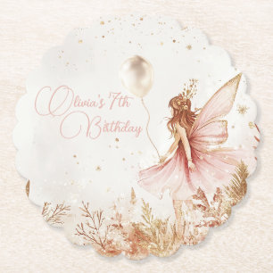 Enchanted Gold and Pink Fairy Birthday Invitation Paper Coaster