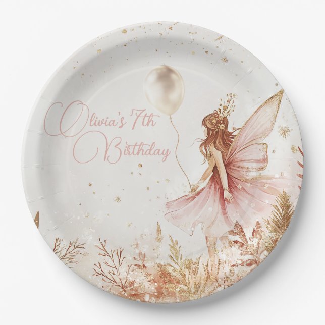 Enchanted Gold and Pink Fairy Birthday Paper Plate (Front)