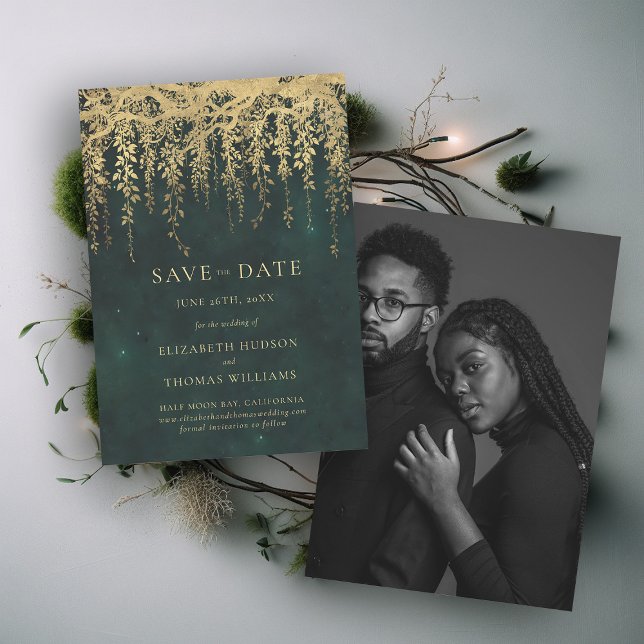 Enchanted Gold Greenery Emerald Chic Photo Wedding Save The Date (wedding save the date enchanted forest magical fairy tale garden emerald gold photo invitation)
