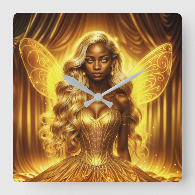 Enchanted golden fairy elegant sparkling wings square wall clock (Front)