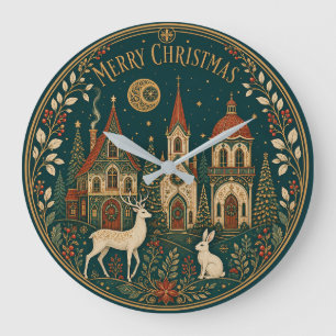 Enchanted Golden Merry Christmas Village Large Clock