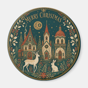 Enchanted Golden Merry Christmas Village Magnet