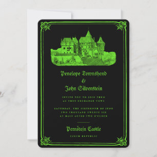 Enchanted Gothic Castle Neon Green Black Wedding Invitation