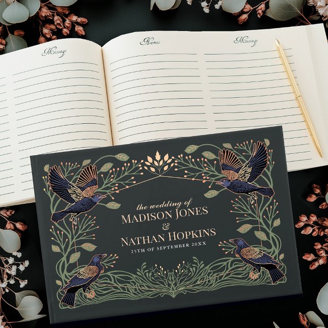 Enchanted Gothic Raven Floral Green Leaves Wedding Guest Book (Creator Uploaded)