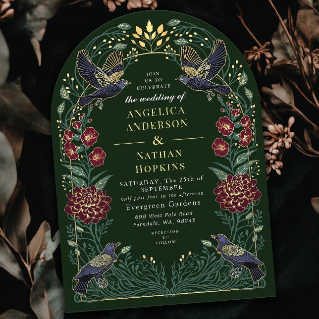 Enchanted Gothic Raven Floral Wedding Ach Invitation (Creator Uploaded)
