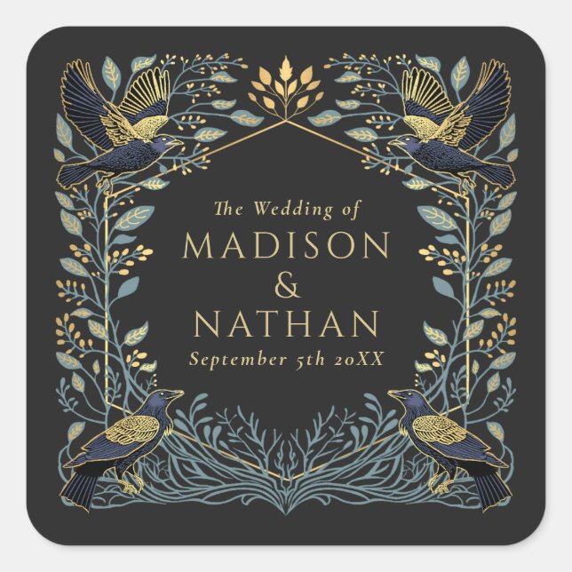 Enchanted Gothic Raven Floral Wedding  Square Sticker (Front)