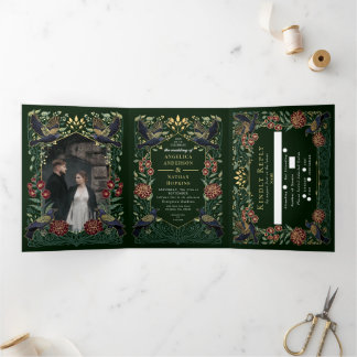 Enchanted Gothic Raven Snapdragon Dahlia Wedding Tri-Fold Invitation