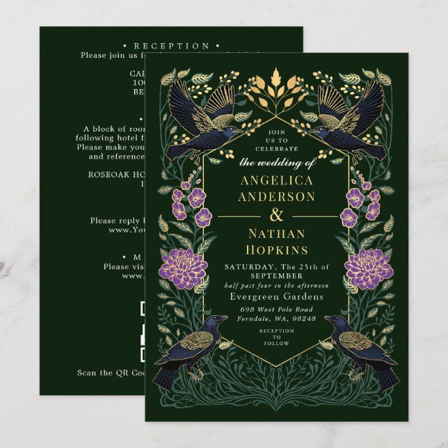 Enchanted Gothic Raven Snapdragon Wedding QR Code Invitation (Front/Back)