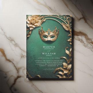 Enchanted green and gold Masquerade Wedding Invitation
