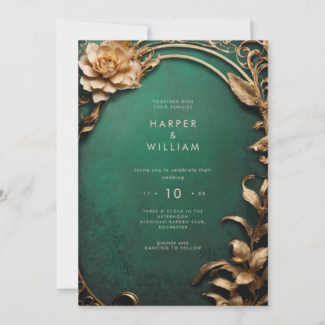 Enchanted green and gold Wedding Invitation (Front)