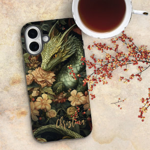 Enchanted Green Dragon with Elegant Floral Array iPhone 16 Plus Case