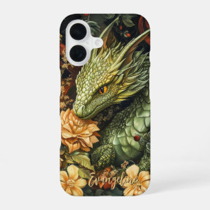 Enchanted Green Dragon with Elegant Floral Array iPhone 16 Case