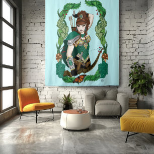 Enchanted Green Fantasy Woodland Archer Elf Tapestry