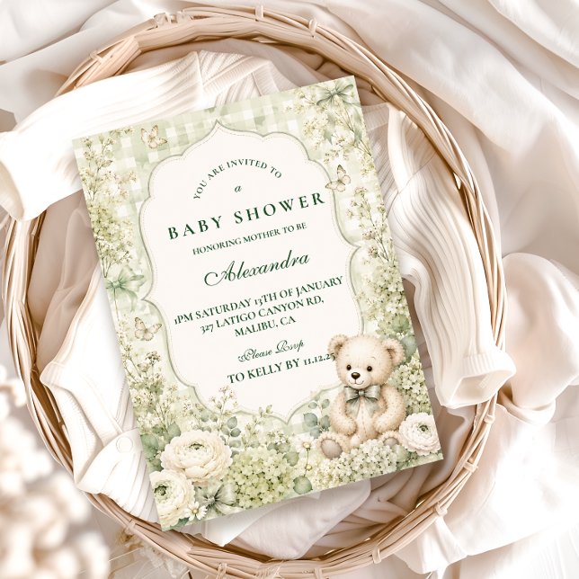 Enchanted Green Teddy Bear Baby Shower Invitation (Creator Uploaded)