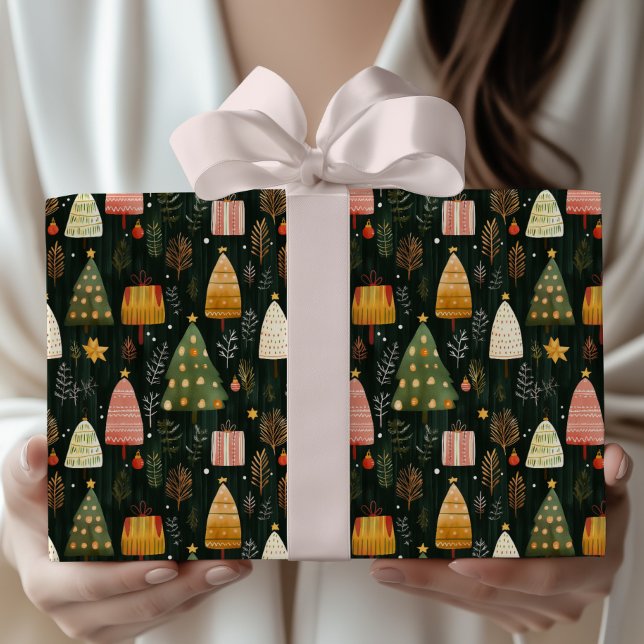 Enchanted Green Woodland Christmas Tree Pattern Wrapping Paper (Creator Uploaded)