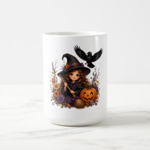 Enchanted Halloween Night Witch, Raven & Pumpkin Coffee Mug