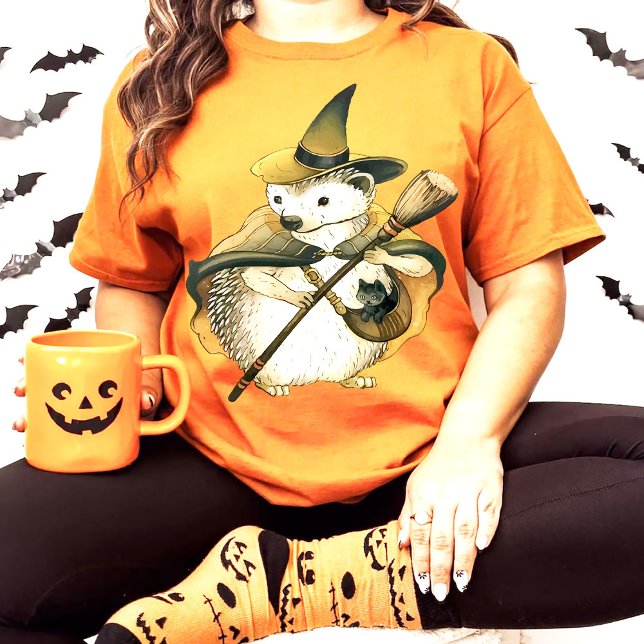 Enchanted Hedgehog Witch & Black Cat Art Unique T-Shirt (Creator Uploaded)