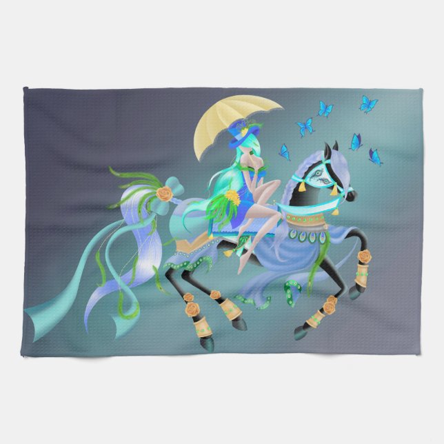Enchanted Horse Ride peacock showgirl Tea Towel (Horizontal)