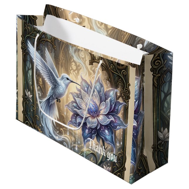 Enchanted Hummingbird & Moon Blossom.  Large Gift Bag (Front Angled)