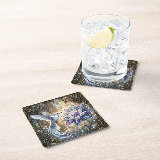 Enchanted Hummingbird & Moon Blossom.  Square Paper Coaster (Insitu)
