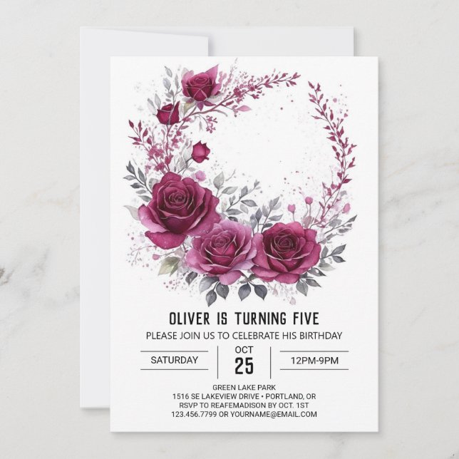 Enchanted Kids' Burgundy Floral Birthday Invitation (Front)