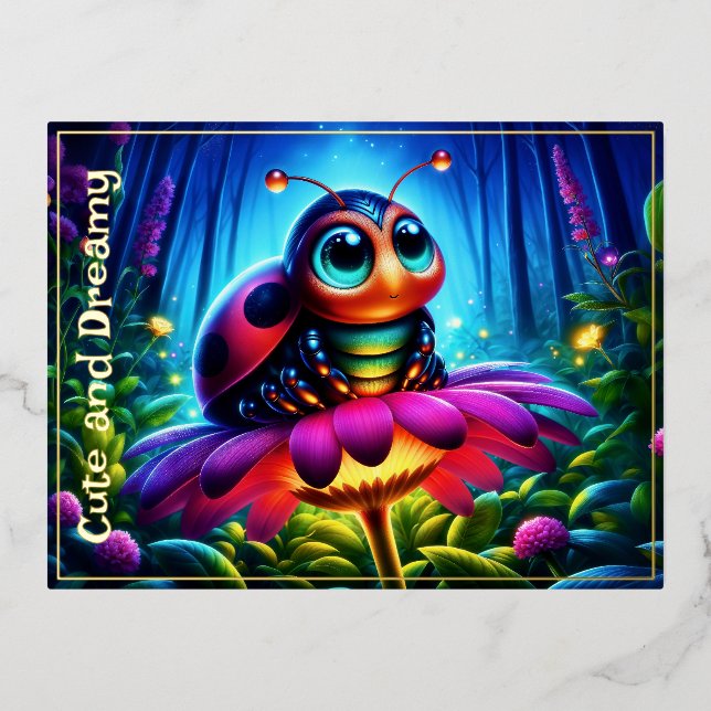  Enchanted Ladybug soft glowing fantasy flower Foil Holiday Postcard (Front)