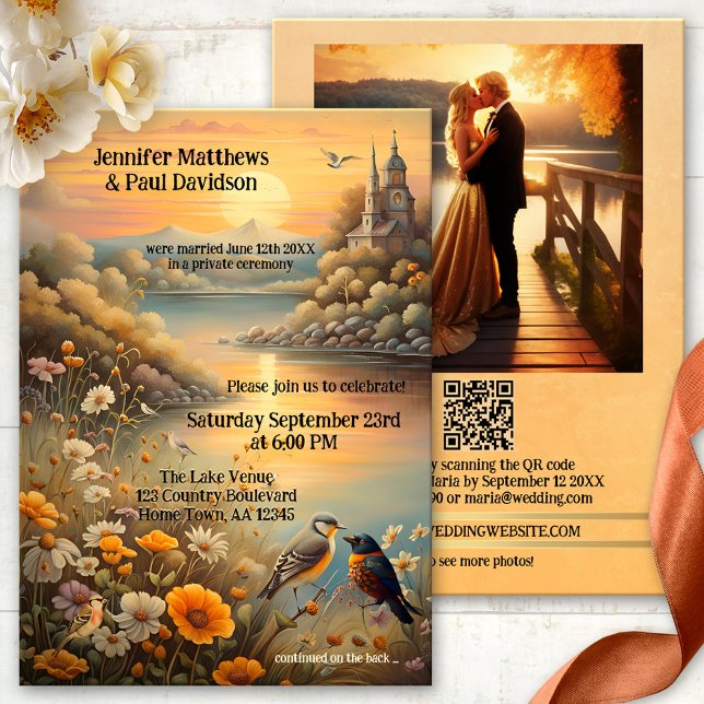 Enchanted Lake Love Birds Wedding Reception Invitation (Wedding reception invitation showing a painting of an enchanted lake with love birds at sunset)