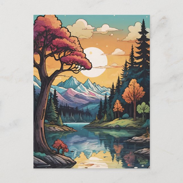 Enchanted Lakeside Serenity Sunset Landscape  Holiday Postcard (Front)